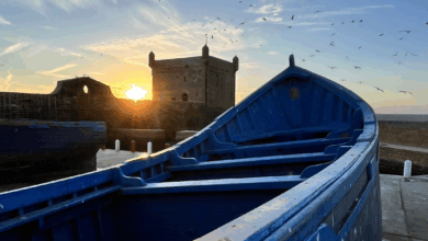 Bastion du port d'Essaouira et barque bleue