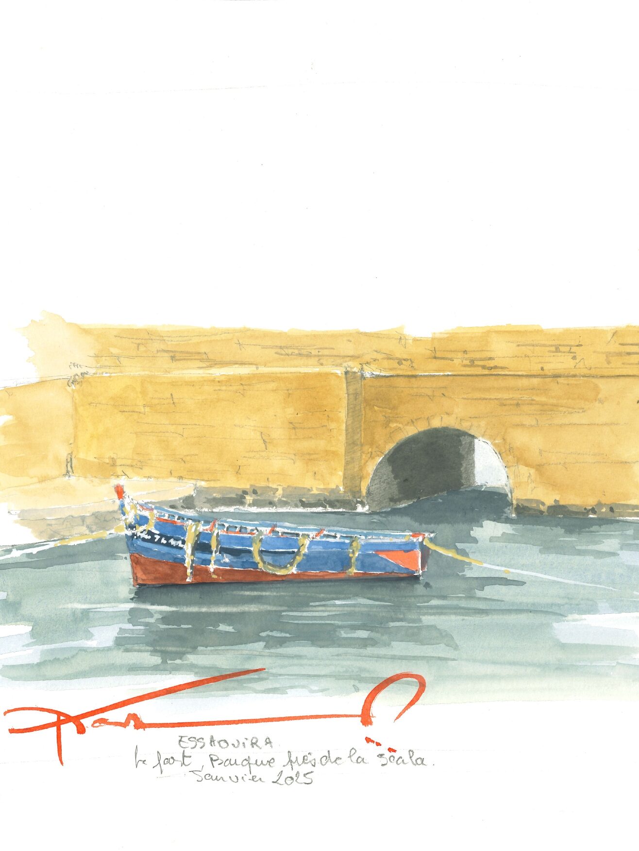 Aquarelle de Philippe Gloaguen Port d'Essaouira Stage Golf et Aquarelle à Essaouira